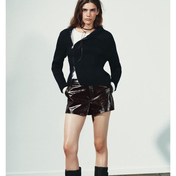 NWT ZARA Womens Size Medium Faux Leather 3” High Rise Black Shorts Goth - Picture 1 of 14